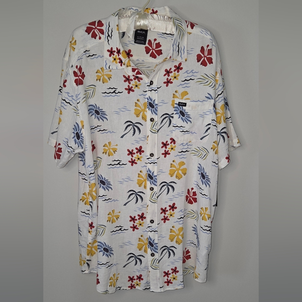 RVCA Short Sleeve Hawaiian Floral Linen Shirt Regular Fit  Sz XL NWT